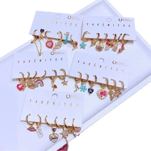 14K Gold Plated Barbie Inspired Theme Huggie Hoop Dangle Mismatched Set - Picture 2 of 2